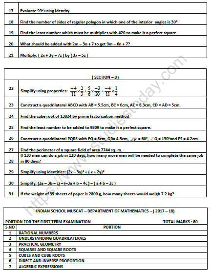 CBSE Class 8 Mathematics Practice Worksheet Set I 2