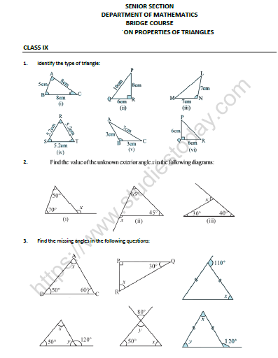 CBSE Class 8 Mathematics Properties of Triangles Bridge Course Worksheet 1