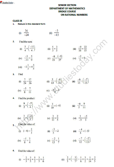 CBSE Class 8 Mathematics Rational Numbers Bridge Course Worksheet 1