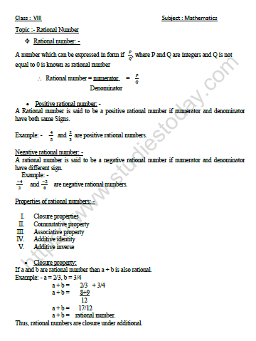 CBSE Class 8 Mathematics Rational Numbers Worksheet Set A 1