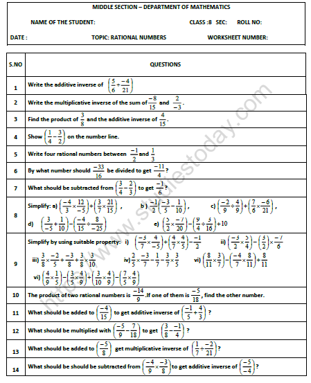 CBSE Class 8 Mathematics Rational Numbers Worksheet Set D