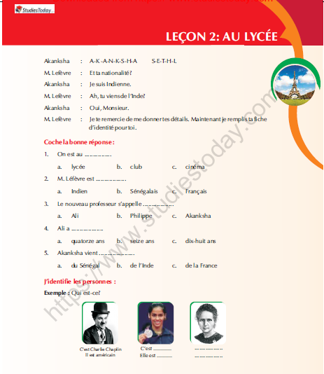 CBSE Class 9 French Au Lycee Worksheet 2