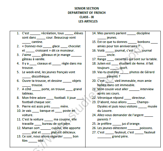 CBSE Class 9 French Les Articles Worksheet Set A