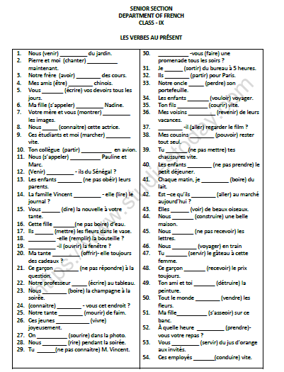 CBSE Class 9 French Les Verbes Au Present Worksheet 1