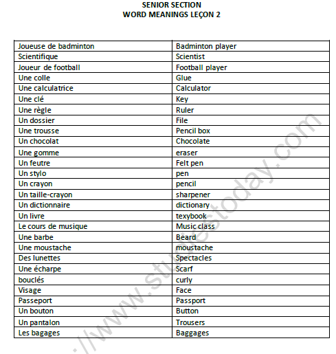 CBSE Class 9 French Word Meanings Lecon Worksheet