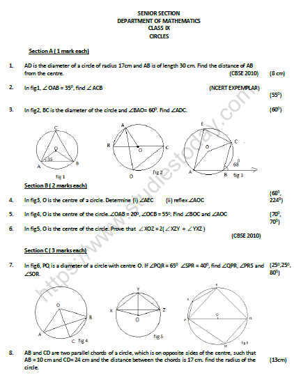 CBSE Class 9 Mathematics Circles Worksheet  1