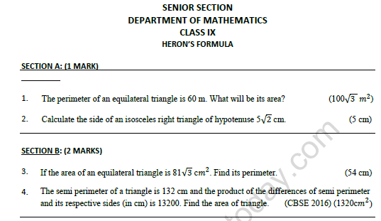 CBSE Class 9 Mathematics Heron Formula Worksheet Set A 1