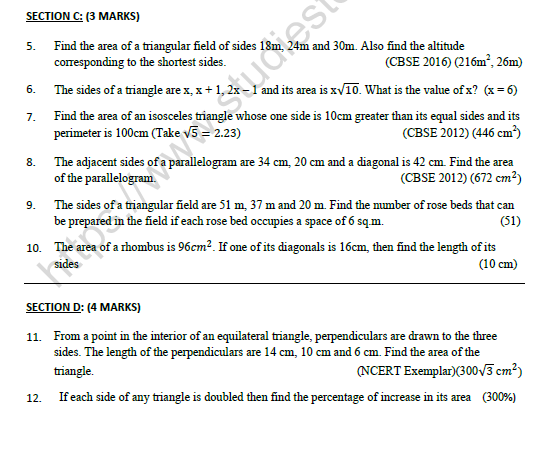 CBSE Class 9 Mathematics Heron Formula Worksheet Set A 2