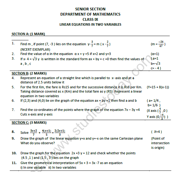CBSE Class 9 Mathematics Linear Equations in two variables Worksheet Set A 1