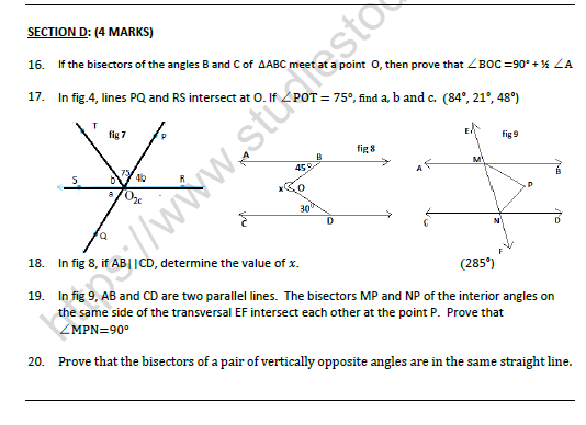 CBSE Class 9 Mathematics Lines and Angles Worksheet Set A 4
