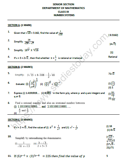 CBSE Class 9 Mathematics Number Systems Worksheet Set D 1