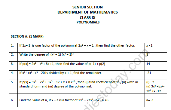 CBSE Class 9 Mathematics Polynomials Worksheet Set C 1