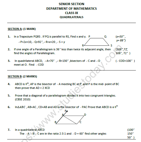 CBSE Class 9 Mathematics Quadrilaterals Worksheet Set A 1