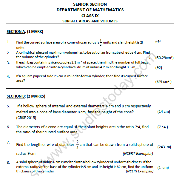 CBSE Class 9 Mathematics Surface Area And Volume Worksheet Set A 1
