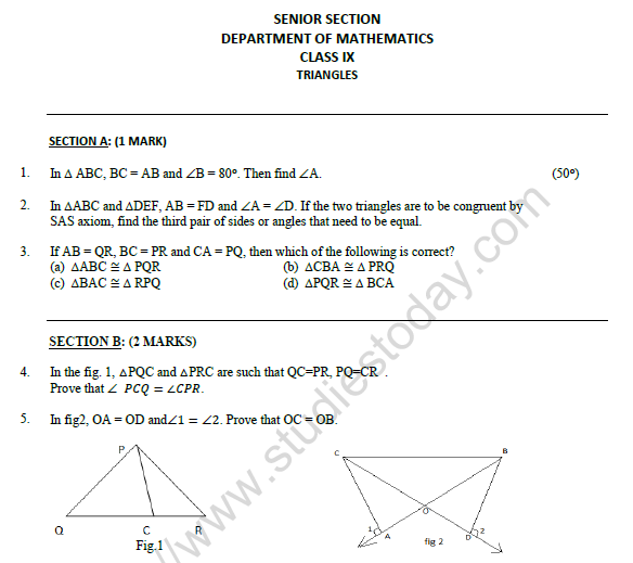 CBSE Class 9 Mathematics Triangles Worksheet Set A 1