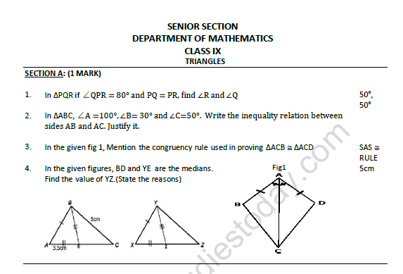 CBSE Class 9 Mathematics Triangles Worksheet Set B 1