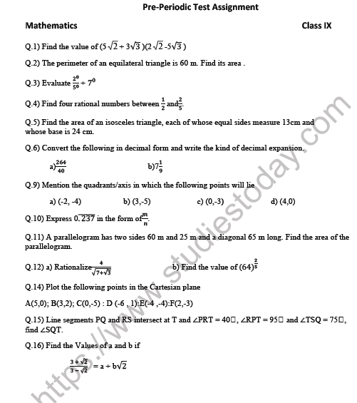 CBSE Class 9 Mathematics Worksheet Set A 1