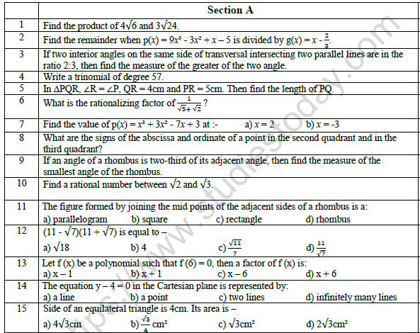 CBSE Class 9 Mathematics Worksheet Set D 1