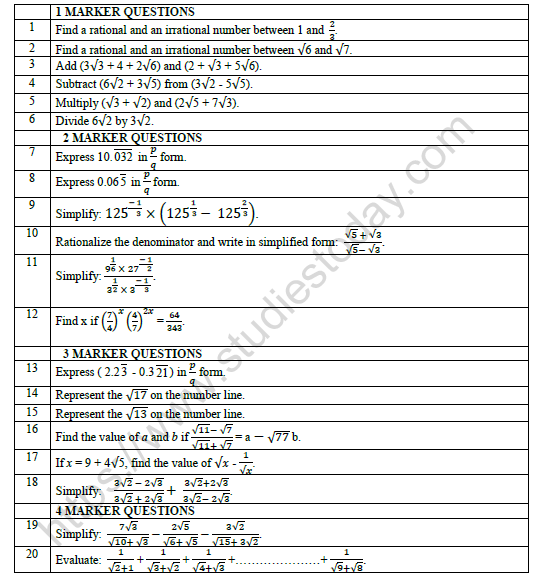 CBSE Class 9 Number Systems Worksheet Set A