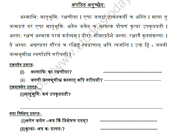 CBSE Class 9 Sanskrit Apathit Anuched Practice Worksheet 1