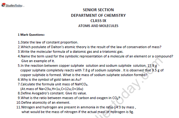 CBSE Class 9 Science Atoms and Molecules Worksheet Set G 1