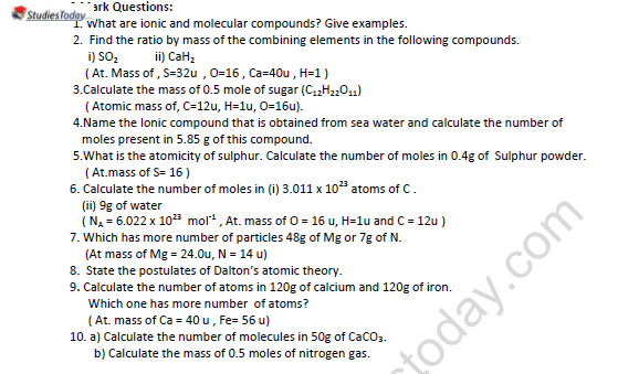CBSE Class 9 Science Atoms and Molecules Worksheet Set G 3