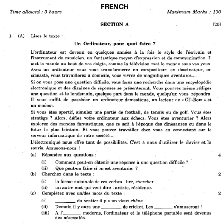 CBSE Class 10 French Question Paper Set C