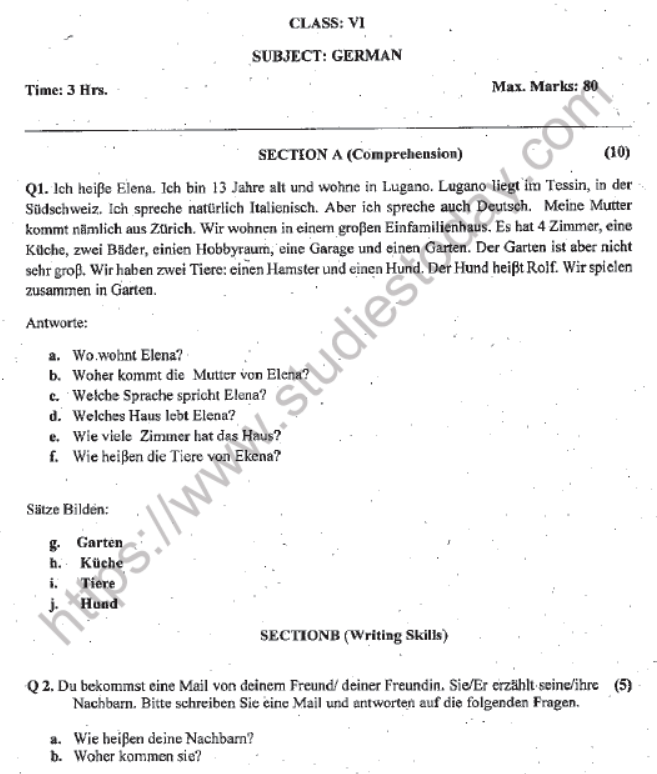 CBSE Class 6 German Question Paper Set A