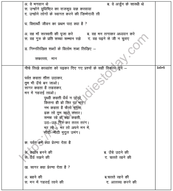 CBSE Class 6 Hindi Question Paper Set W