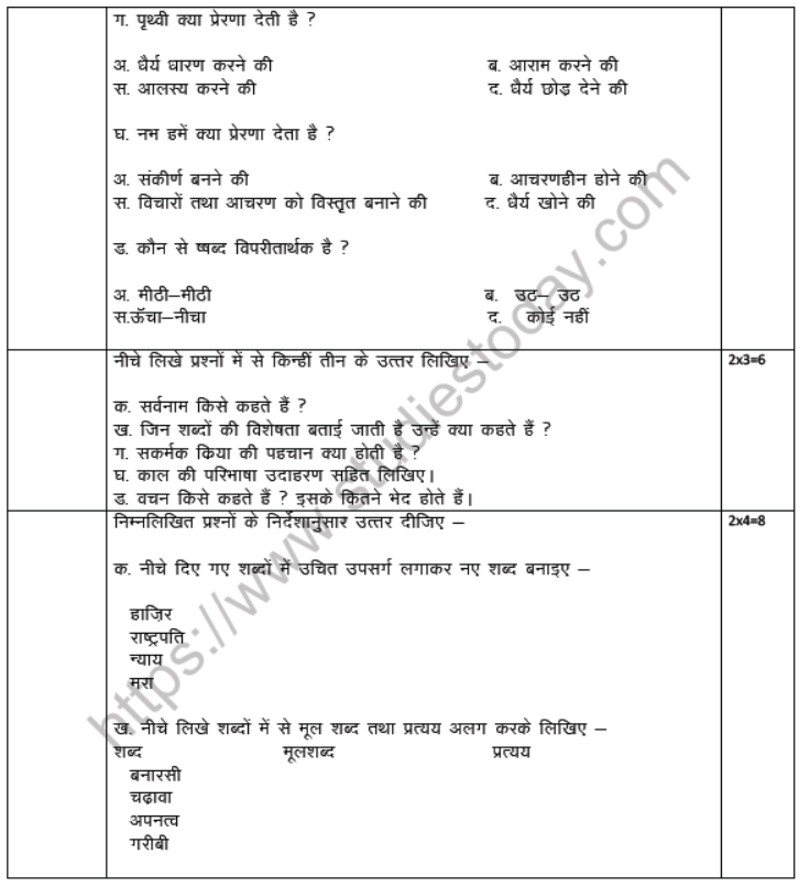 CBSE Class 6 Hindi Question Paper Set W