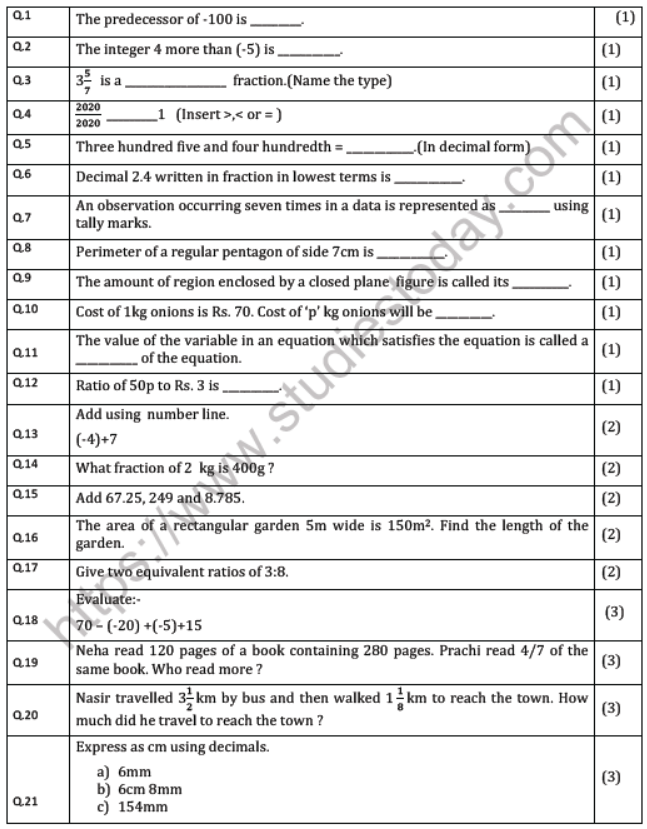 CBSE Class 6 Mathematics Question Paper Set V