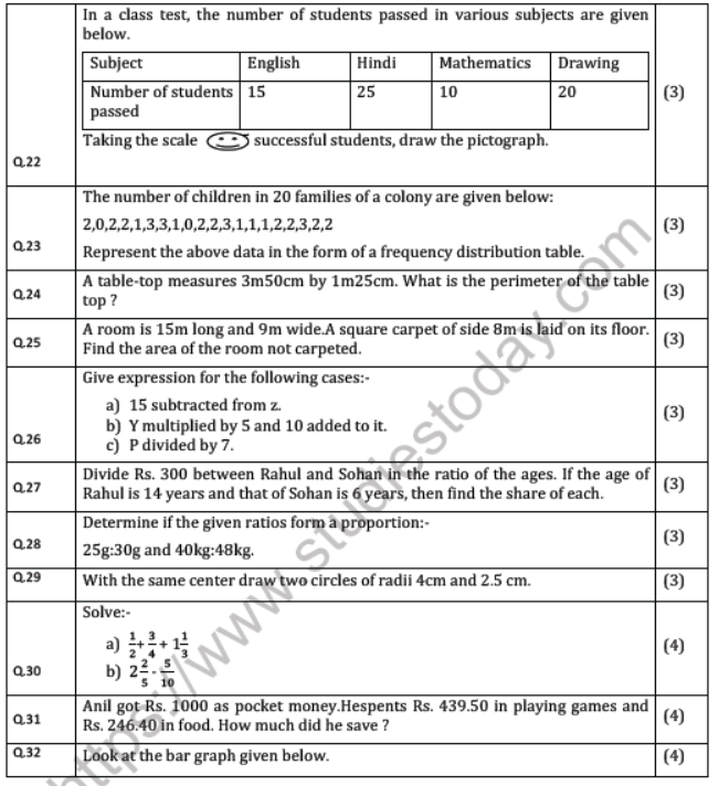 CBSE Class 6 Mathematics Question Paper Set V