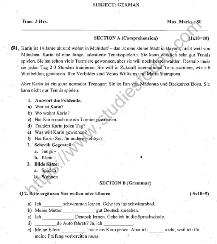 CBSE Class 7 German Question Paper Set A