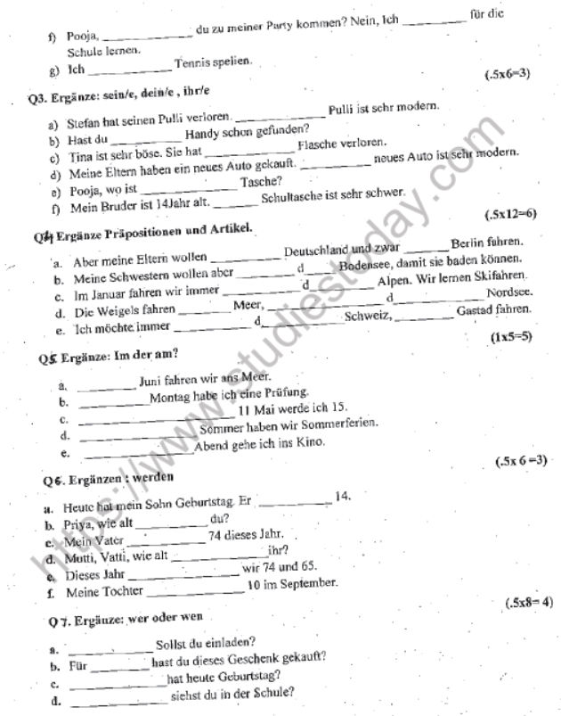 CBSE Class 7 German Question Paper Set A