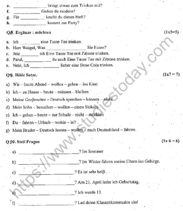 CBSE Class 7 German Question Paper Set A
