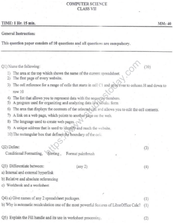 CBSE Class 7 Computer Science Sample Paper Set J