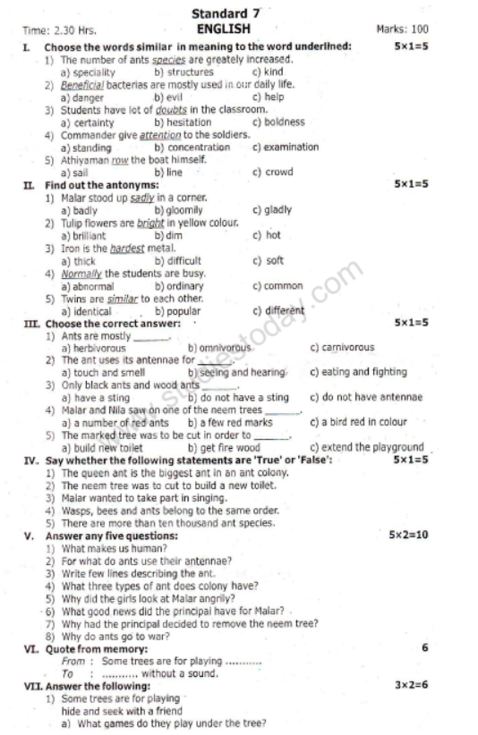 CBSE Class 7 English Sample Paper Set U