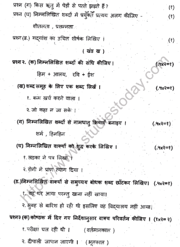 CBSE Class 7 Hindi Question Paper Set T