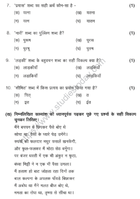 CBSE Class 7 Hindi Sample Paper Set Q