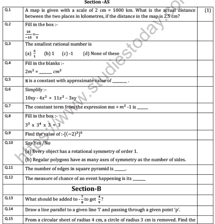 CBSE Class 7 Mathematics Question Paper Set W