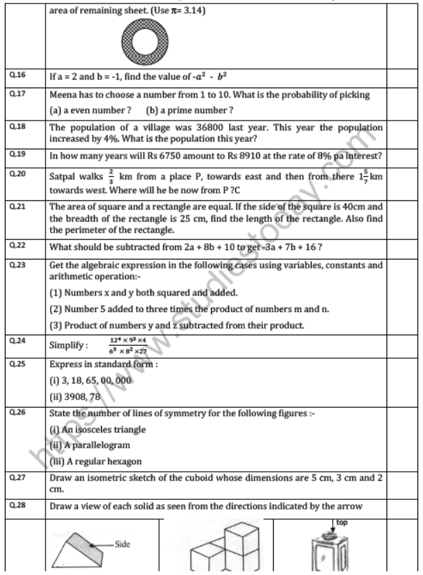 CBSE Class 7 Mathematics Question Paper Set W