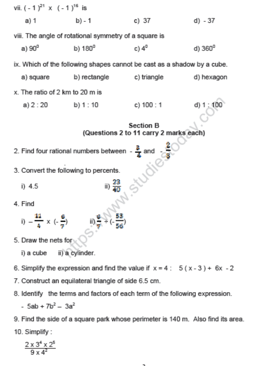 CBSE Class 7 Mathematics Sample Paper Set 2