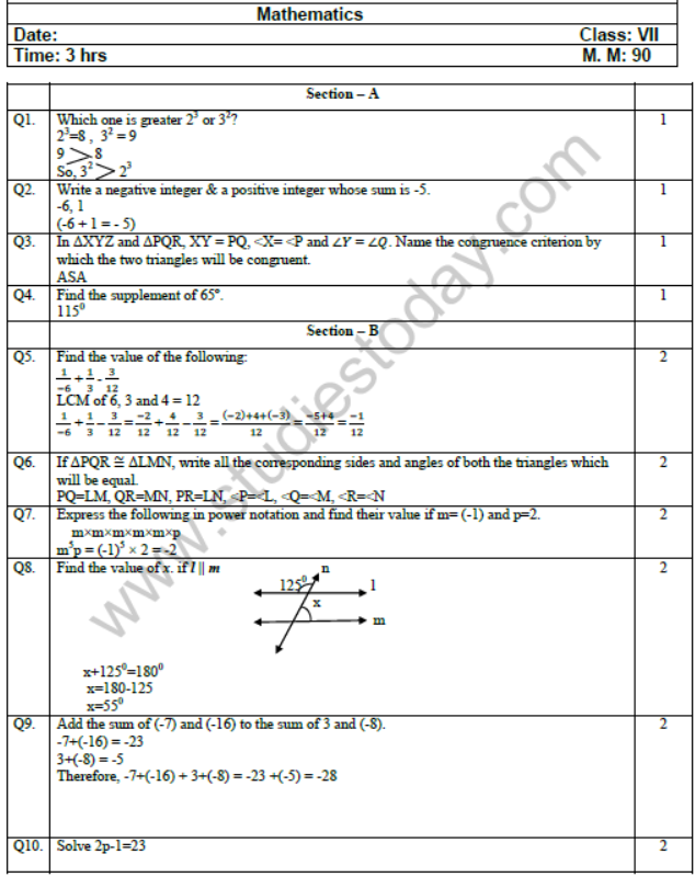 CBSE Class 7 Mathematics Sample Paper Set A