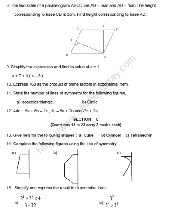 CBSE Class 7 Mathematics Sample Paper Set W