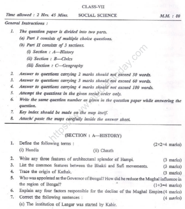 CBSE Class 7 Social Science Sample Paper Set N