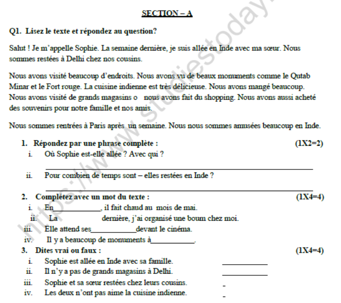 CBSE Class 8 French Question Paper Set E