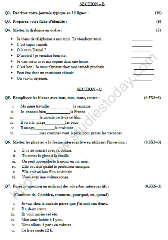 CBSE Class 8 French Question Paper Set E