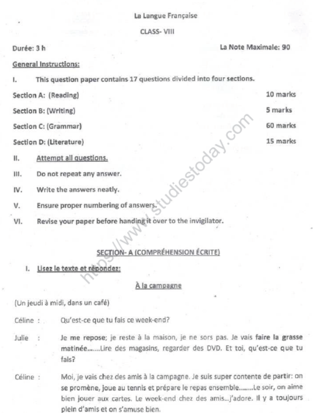 CBSE Class 8 French Sample Paper Set E