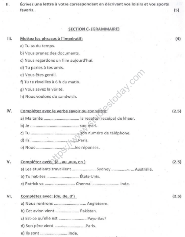 CBSE Class 8 French Sample Paper Set E