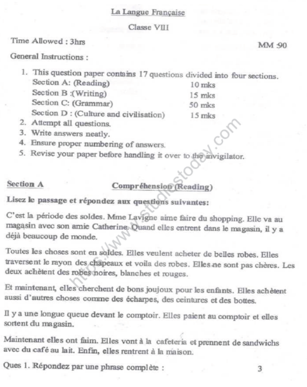 CBSE Class 8 French Sample Paper Set F